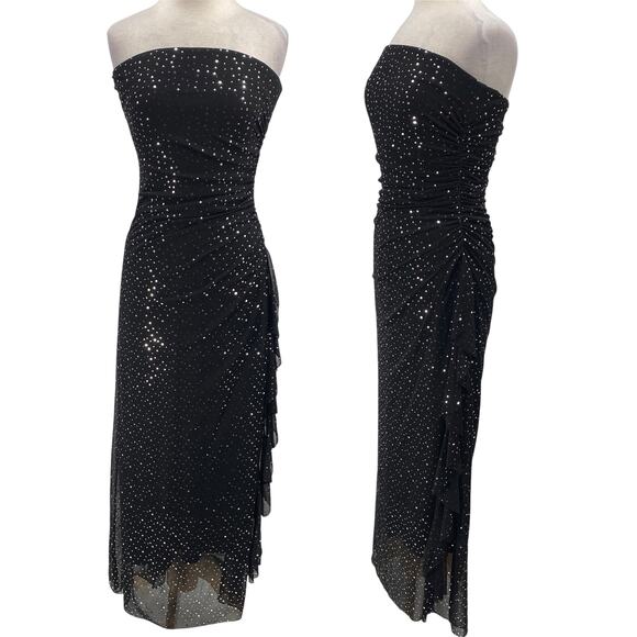 Vintage Dresses & Skirts - Vintage 90s Y2k City Triangles Strapless Gown Sequined Gathered Black Silver 6/8